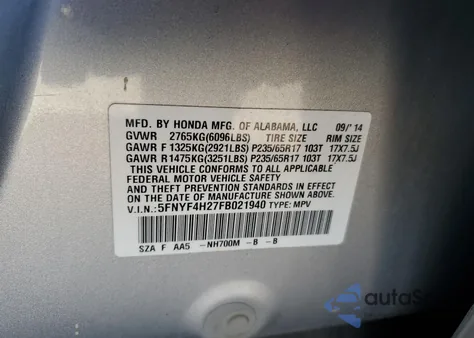 2015 Honda Pilot Lx from USA, damaged, VIN 5FNYF4H27FB021940